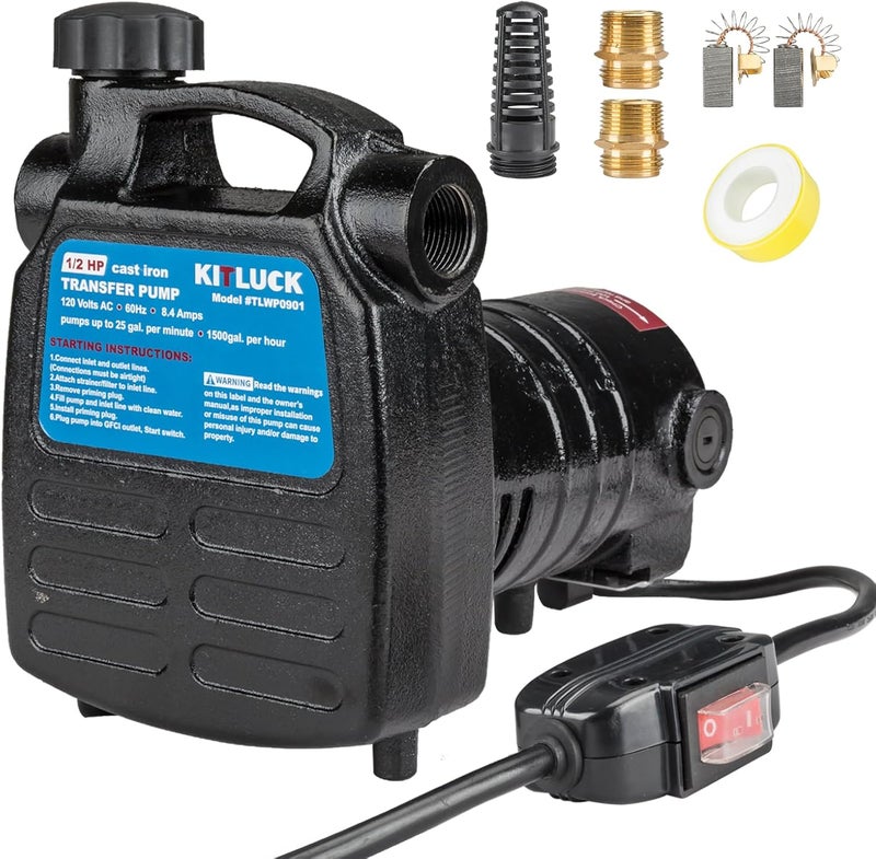 KITLUCK Water Transfer Pump, 120V 1/2 HP 1500GPH Cast Iron Portable Electric Utility Water Pump, Heavy Duty High Pressure Transfer Pump with ON/OFF Switch, Suction Strainer and Brass Connectors - Image 1